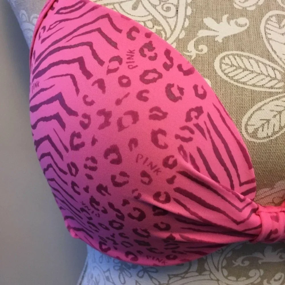 Pink Victoria Secret Swim Halter Top Size L Animal Print Bikini Padded Cups‎